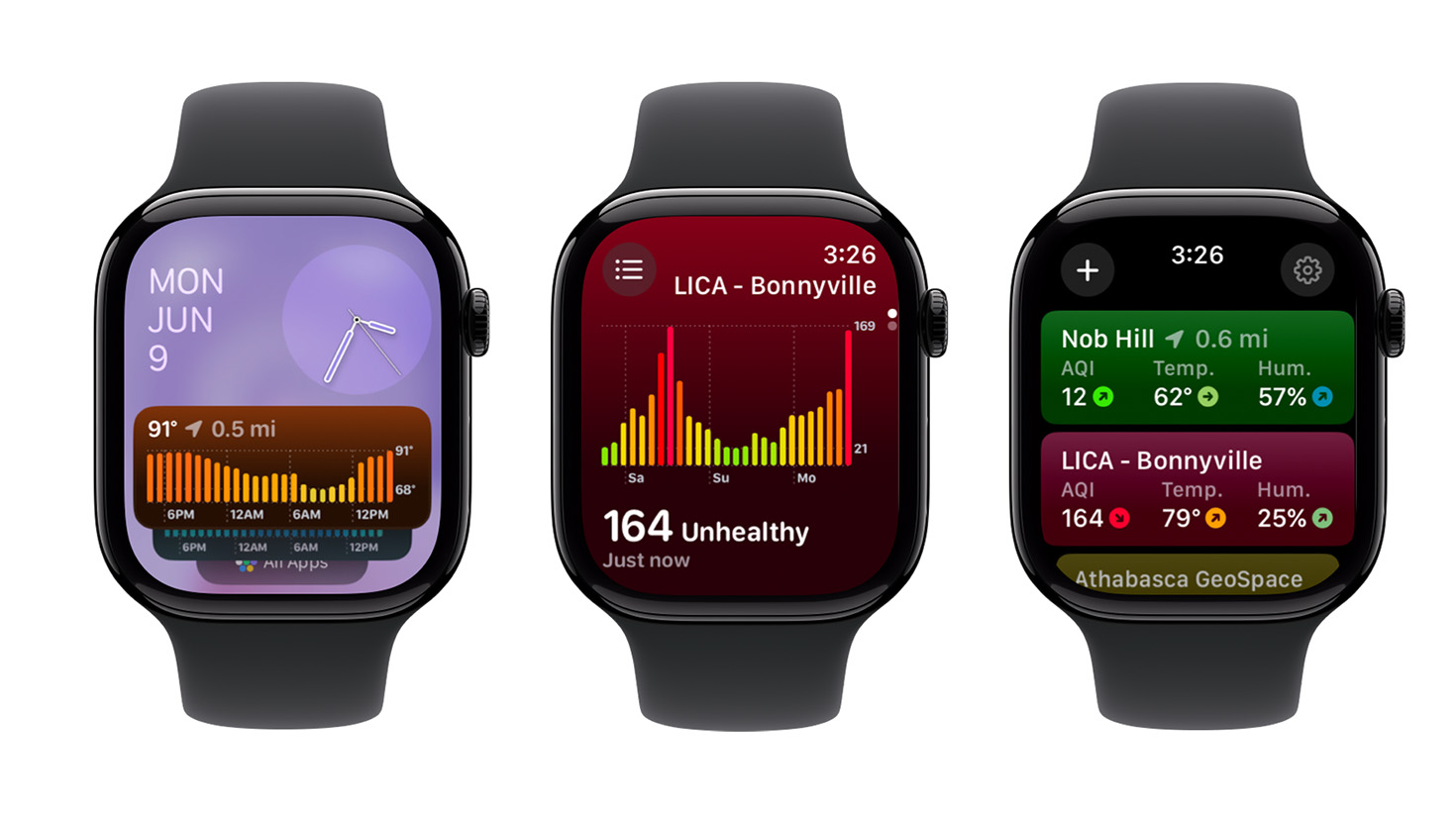 A collage showing three screens from the air-quality app Paku, each on an Apple Watch.