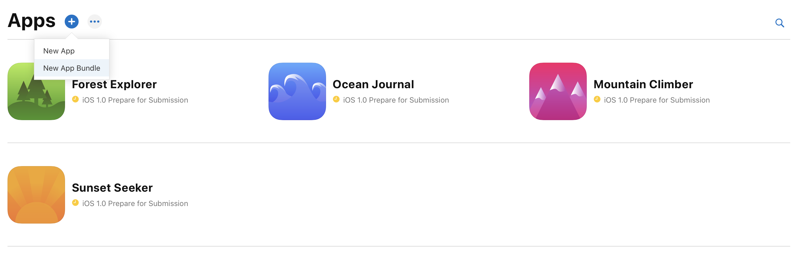 Screenshot of the Apps page, where the add button on the top left is clicked, revealing a menu offering options for New App and New App Bundle.